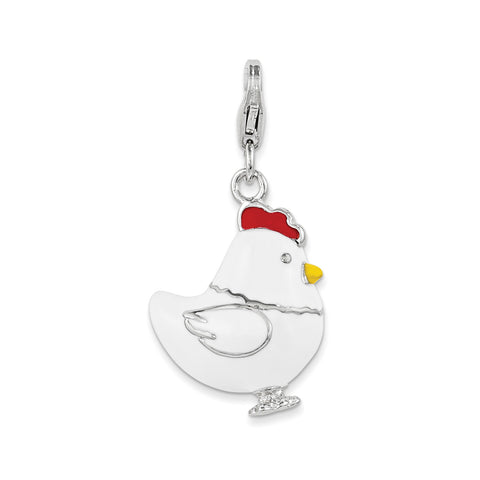 Sterling Silver and Enamel Chicken w/ Lobster Clasp Charm QCC1034 - shirin-diamonds