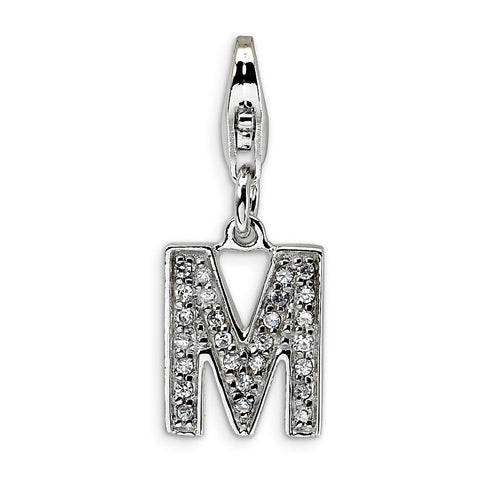 Sterling Silver CZ Letter M w/Lobster Clasp Charm QCC105M - shirin-diamonds