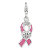 Sterling Silver Enameled With CZ Awareness Ribbon & Heart Charm QCC1101 - shirin-diamonds