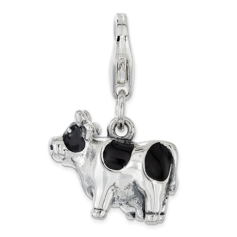 Sterling Silver Enameled Cow with Lobster Clasp Charm - shirin-diamonds