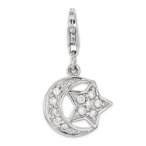 Sterling Silver Polished w/ CZ Moon and Star Lobster Clasp Charm - shirin-diamonds