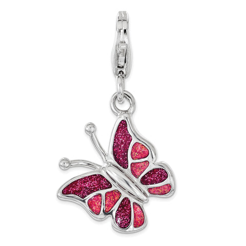 Sterling Silver Pink & White Enameled Butterfly with Lobster Clasp Charm - shirin-diamonds