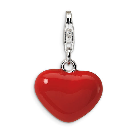 Sterling Silver 3-D Red Enameled Heart w/Lobster Clasp Charm QCC118 - shirin-diamonds