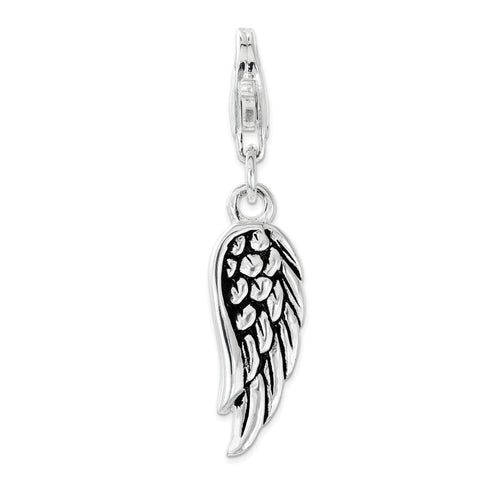 Sterling Silver Polished and Oxidized 3D Wing Lobster Clasp Charm - shirin-diamonds