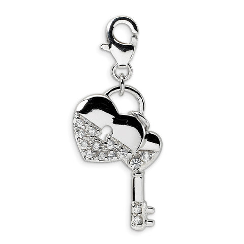 Sterling Silver CZ Heart and Key w/Lobster Clasp Charm QCC124 - shirin-diamonds