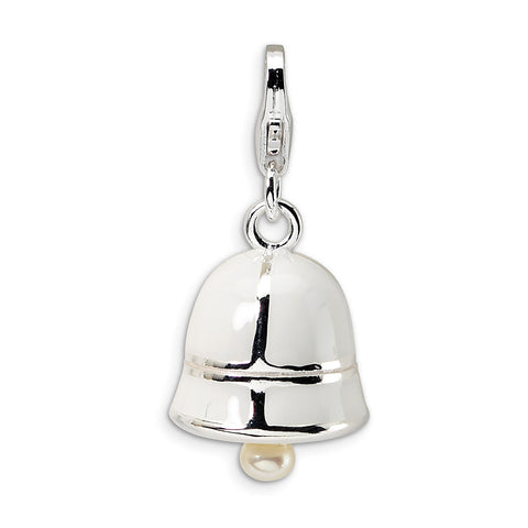 Sterling Silver FW Cultured Pearl White Enamel Bell w/Lobster Clasp Charm QCC155 - shirin-diamonds