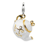 Sterling Silver Gold-plated WhiteEnameled Tea Pot w/Lobster Clasp Charm QCC268 - shirin-diamonds