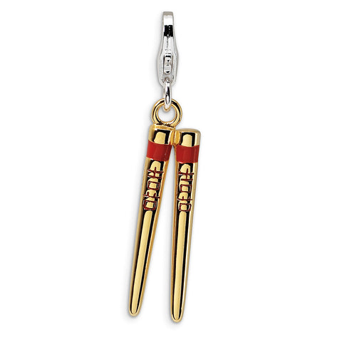 Sterling Silver 3-D Enameled Gold-plated Chopstick w/Lobster Clasp Charm QCC273 - shirin-diamonds