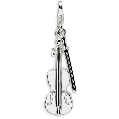 Sterling Silver 3-D Violin and Antiqued Bow w/Lobster Clasp Charm QCC291 - shirin-diamonds