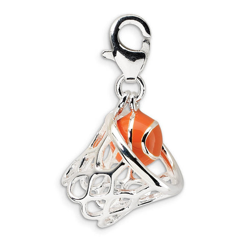 Sterling Silver 3-D Enameled Basketball in Net w/Lobster Clasp Charm QCC303 - shirin-diamonds