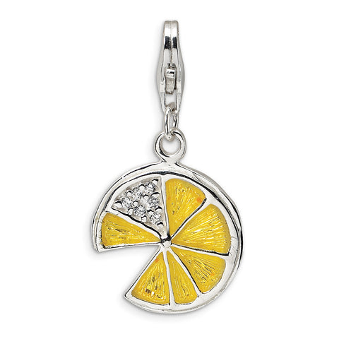 Sterling Silver 3-D Yellow Enamel Lemon Wedge w/Lobster Clasp Charm QCC354 - shirin-diamonds