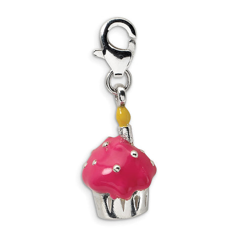 Sterling Silver 3-D Enameled Cupcake & Candle w/Lobster Clasp Charm QCC364 - shirin-diamonds