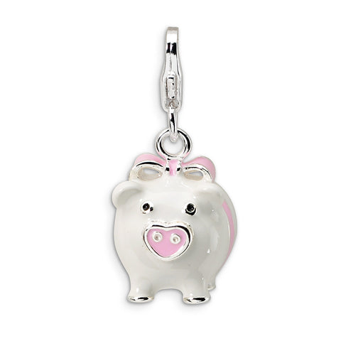 Sterling Silver 3-D Enameled Pig w/Lobster Clasp Charm QCC394 - shirin-diamonds