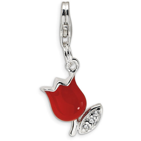 Sterling Silver CZ Red Enameled Tulip Flower w/Lobster Clasp Charm QCC398 - shirin-diamonds