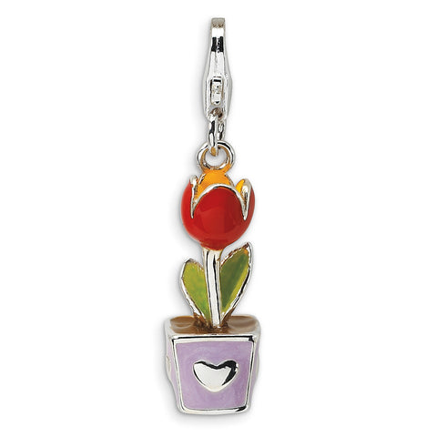 Sterling Silver 3-D Red Enamel Potted Tulip Flower w/Lobster Clasp Charm QCC406 - shirin-diamonds