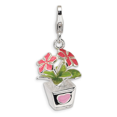 Sterling Silver 3-D Enameled Potted Flowers w/Lobster Clasp Charm QCC407 - shirin-diamonds