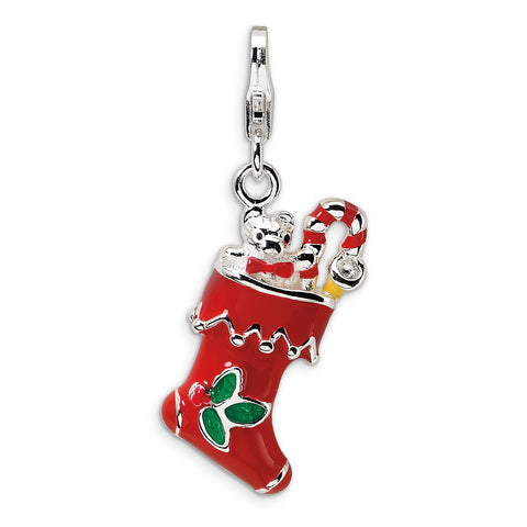 Sterling Silver 3-D Red Enameled Holiday Stocking w/Lobster Clasp Charm QCC526 - shirin-diamonds