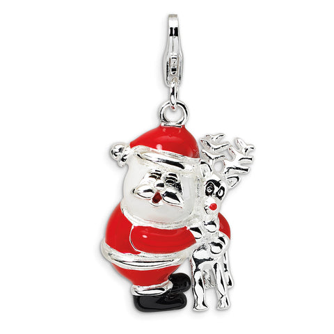 Sterling Silver 3-D Enameled Santa and Reindeer w/Lobster Clasp Charm QCC532 - shirin-diamonds