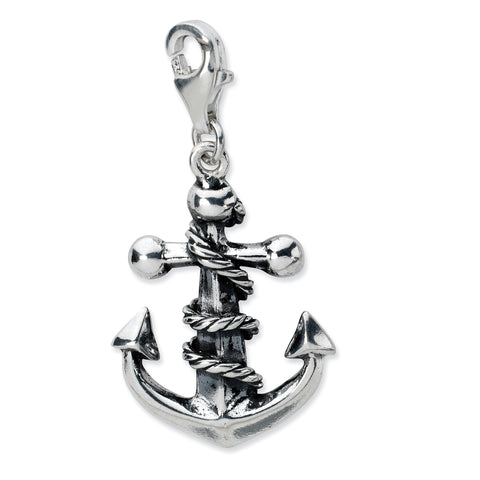 Sterling Silver 3-D Antiqued Anchor & Rope w/Lobster Clasp Charm QCC675 - shirin-diamonds