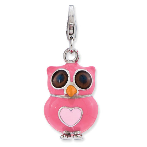 Sterling Silver Enameled 3-D Heart Owl w/Lobster Clasp Charm QCC735 - shirin-diamonds