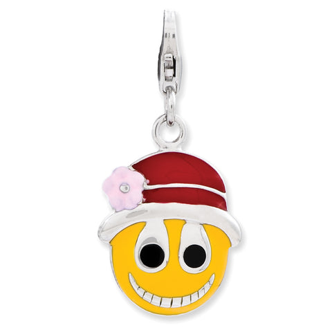 Sterling Silver Enameled Face w/Flower Hat w/Lobster Clasp Charm QCC782 - shirin-diamonds