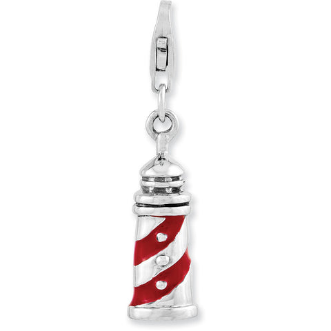 Sterling Silver Rhodium-plated 3-D Enameled Lighthouse w/Lobster Clasp Char QCC950 - shirin-diamonds