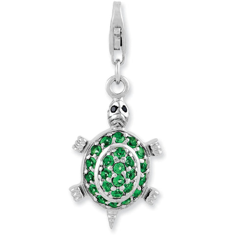 Sterling Silver Rhodium plated CZ Green Turtle w/Lobster Clasp Charm QCC981 - shirin-diamonds