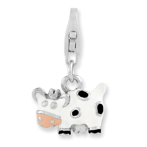Sterling Silver Rhodium-plated Enameled Cow w/Lobster Clasp Charm QCC983 - shirin-diamonds