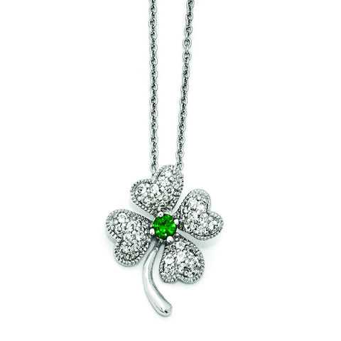 Cheryl M Sterling Silver Glass Sim. Emerald & CZ 4-leaf Clover Necklace QCM367 - shirin-diamonds