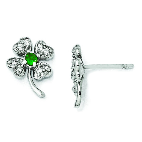 Cheryl M Sterling Silver Glass Sim. Emerald & CZ 4-leaf Clover Post Earring QCM369 - shirin-diamonds