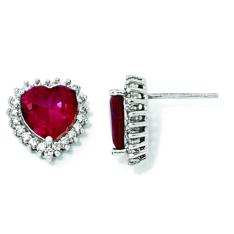 Cheryl M Sterling Silver 100-facet Synthetic Ruby & CZ Heart Post Earrings QCM474 - shirin-diamonds