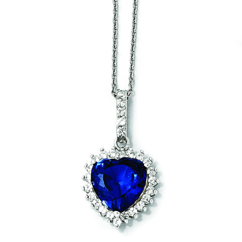 Cheryl M Sterling Silver Heart Synthetic Dark Blue Spinel & CZ 18in Necklac QCM506 - shirin-diamonds
