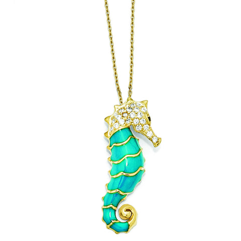 Cheryl M Sterling Silver Gold-plated Enameled CZ Seahorse 18in Necklace QCM578 - shirin-diamonds