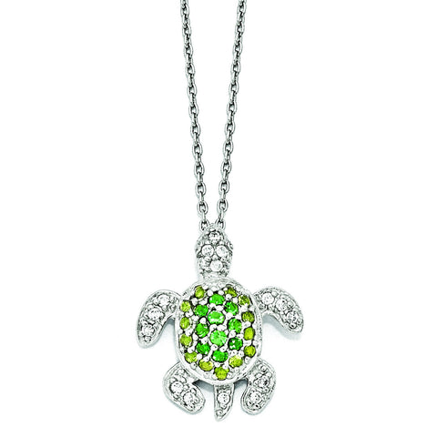 Cheryl M Sterling Silver GlassSim.Peridot/Sim.Emerald/CZ Turtle 18in. Neckl QCM604 - shirin-diamonds