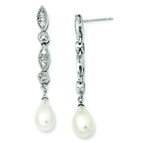 Cheryl M Sterling Silver CZ FW Cultured Pearl Post Dangle Earrings QCM711 - shirin-diamonds