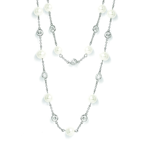 Cheryl M Sterling Silver CZ Simulated Pearl Necklace QCM729 - shirin-diamonds
