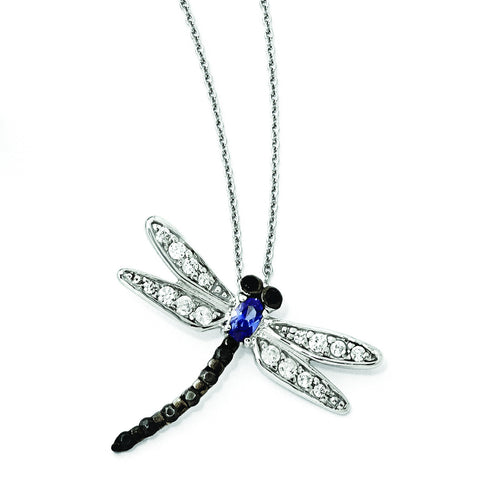 Cheryl M Sterling Silver White, Black & Blue CZ Dragonfly Necklace QCM799 - shirin-diamonds