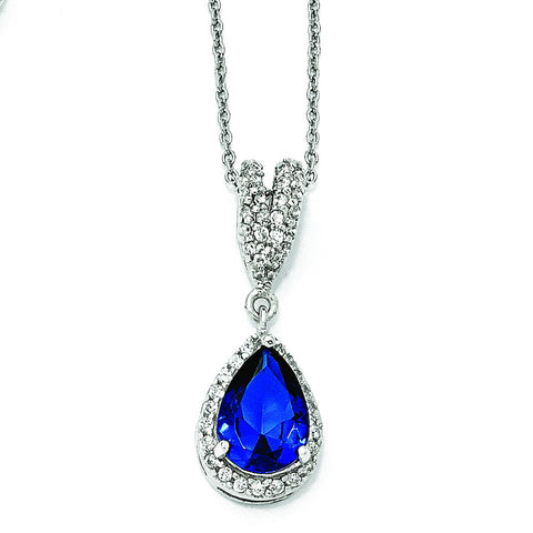 Cheryl M Sterling Silver CZ & Synthetic Dk Blue Spinel Pear Shaped Necklace QCM800 - shirin-diamonds