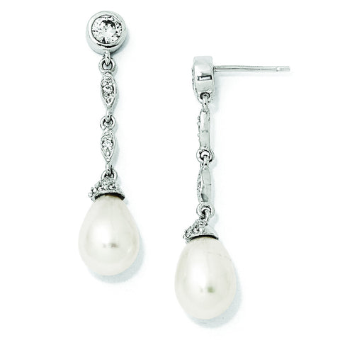 Cheryl M Sterling Silver CZ FW Cultured Pearl Post Dangle Earrings QCM825 - shirin-diamonds
