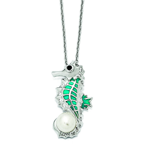 Cheryl M Sterling Silver CZ FW Cultured Pearl Enamel Seahorse Necklace QCM857 - shirin-diamonds