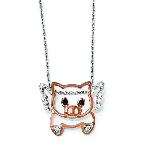 Cheryl M Sterling Silver Rose-gold Plated CZ Flying Pig 18in. Necklace QCM859 - shirin-diamonds