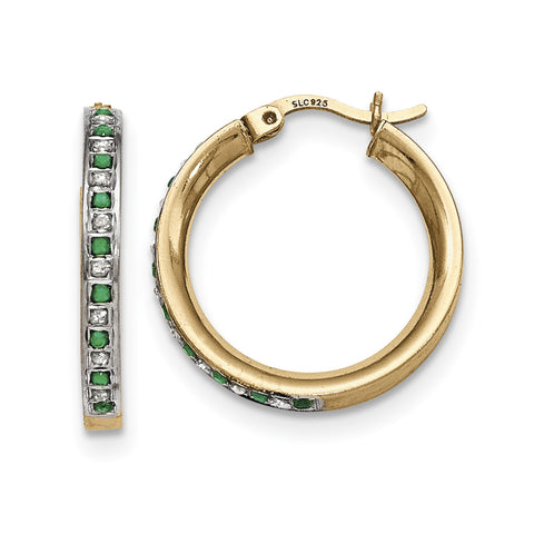Sterling Silver & Gold-plated Diamond & Emerald Round Hoop Earrings QDF133 - shirin-diamonds