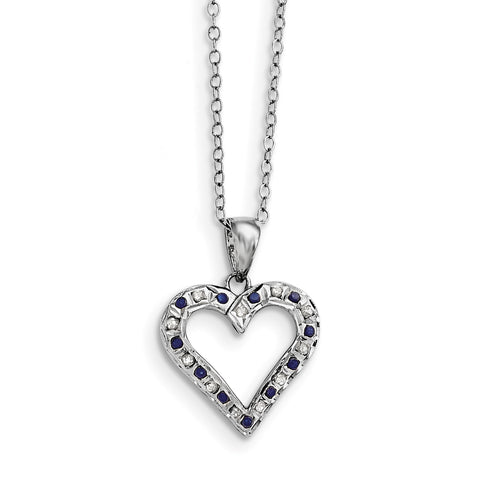 Sterling Silver & Platinum-plated Dia. & Sapphire 18in Heart Necklace QDF137 - shirin-diamonds