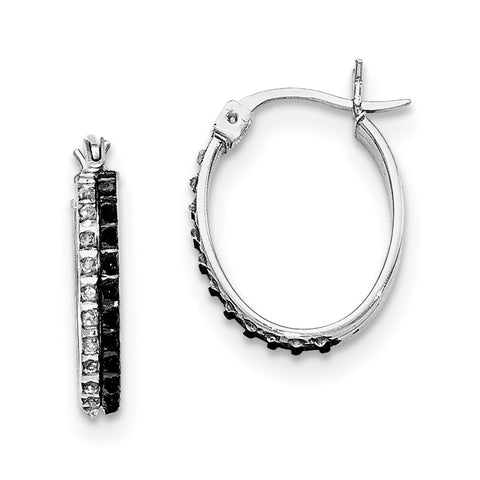 Sterling Silver Black & White Diamond Oval Hinged Hoop Earrings QDF142 - shirin-diamonds