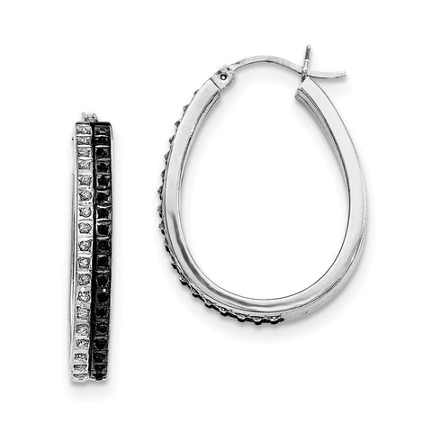 Sterling Silver Black & White Diamond Oval Hinged Hoop Earrings QDF143 - shirin-diamonds