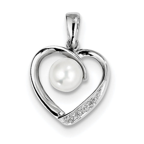 Sterling Silver Rhodium 6mm FW Cultured Pearl & Diamond Heart Pendant QDX301 - shirin-diamonds