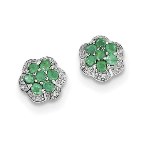 Sterling Silver Rhodium Emerald & Diamond Post Earrings QDX316 - shirin-diamonds