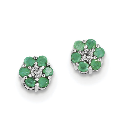 Sterling Silver Rhodium Emerald & Diamond Post Earrings QDX318 - shirin-diamonds