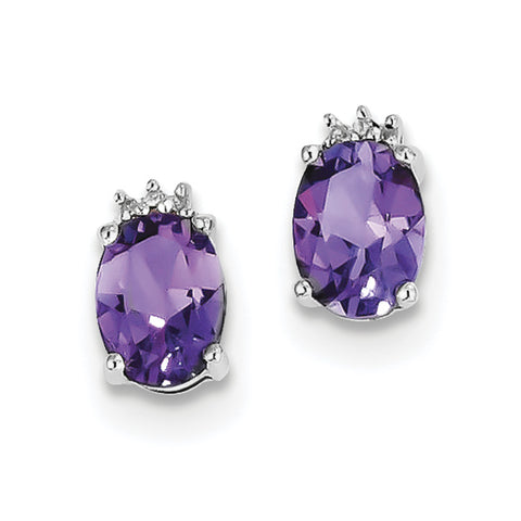 Sterling Silver Rhodium Oval Amethyst & Diamond Post Earrings QDX368 - shirin-diamonds