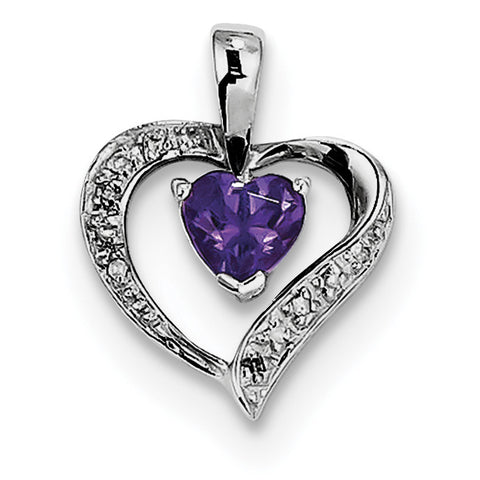 Sterling Silver Rhodium Heart Amethyst & Diamond Heart Pendant QDX412 - shirin-diamonds